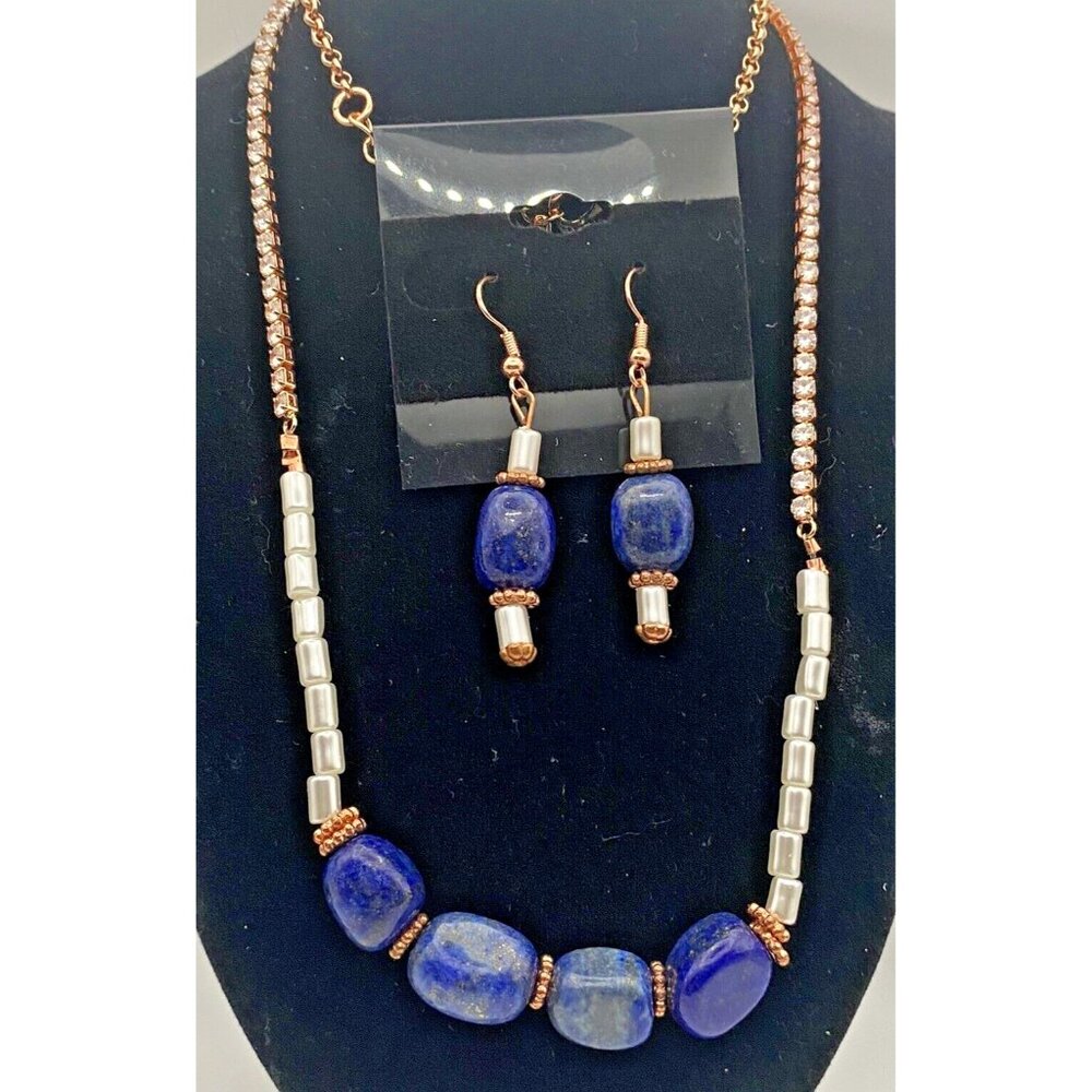Lapis Lazuli 22" Necklace 2" Earrings Set Pearlescent Bead Clear Crystal Dangle